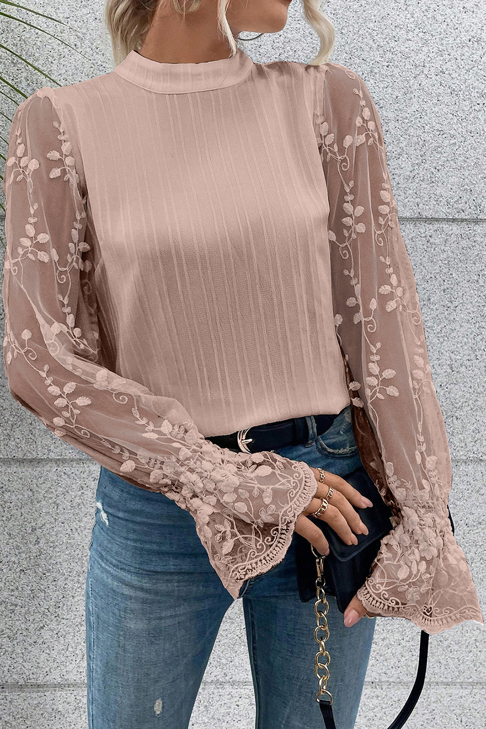 Contrast Lace Sleeve Mock Neck Textured Blouse