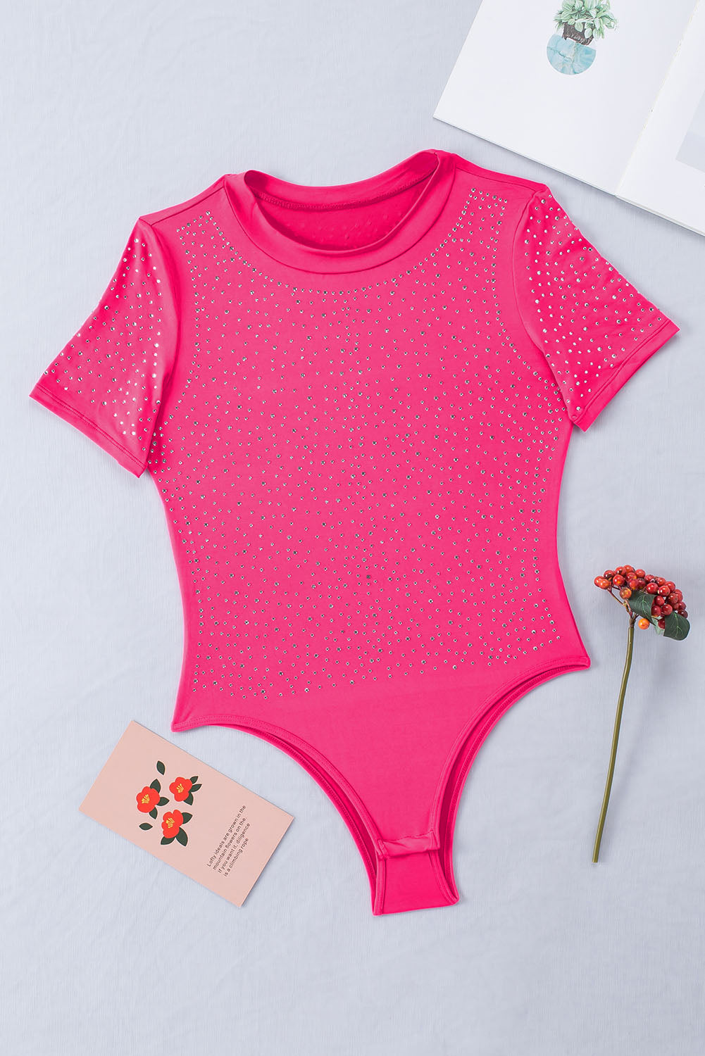 Rose Rhinestone O-neck Long Sleeve Bodysuit