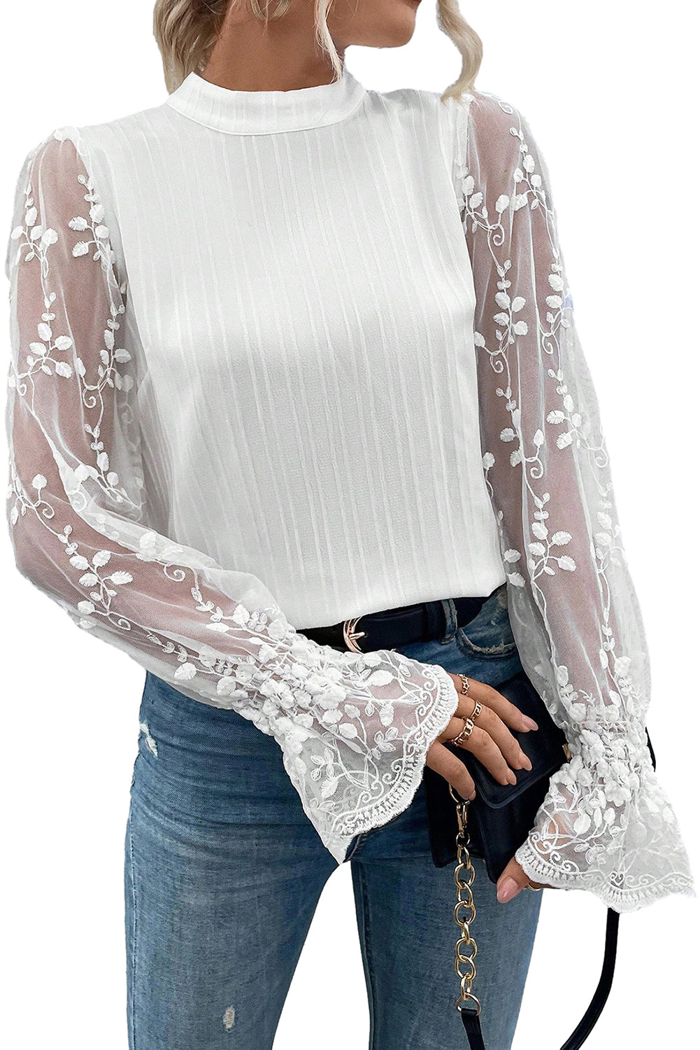 Contrast Lace Sleeve Mock Neck Textured Blouse