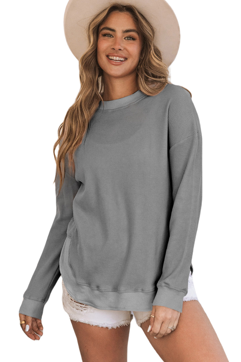 Apricot Crew Neck Ribbed Trim Waffle Knit Top