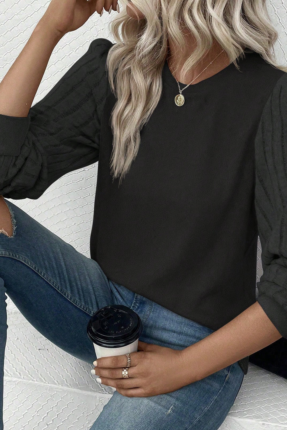 Black Buttoned V Neck Ribbed Puff Sleeve Top