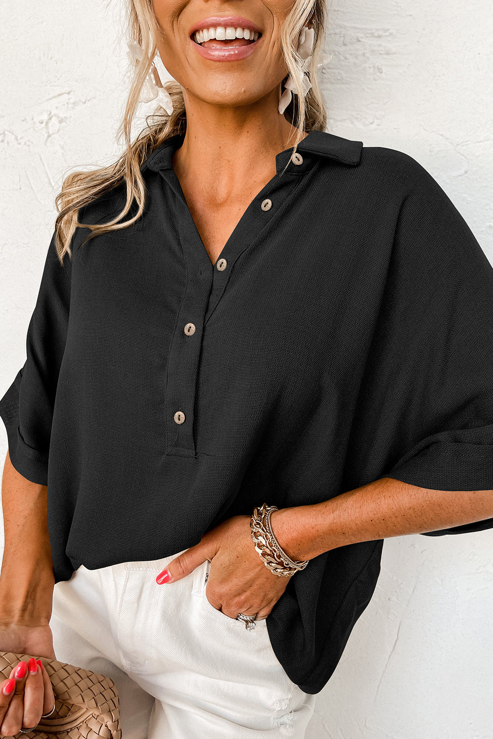 Black Collared Half Buttons Folded Short Sleeve Oversize Top