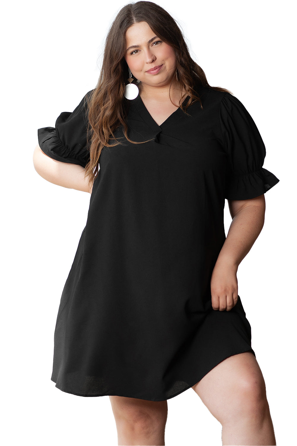 Black Solid Ruffled Puff Sleeve V Neck Plus Size Mini Dress