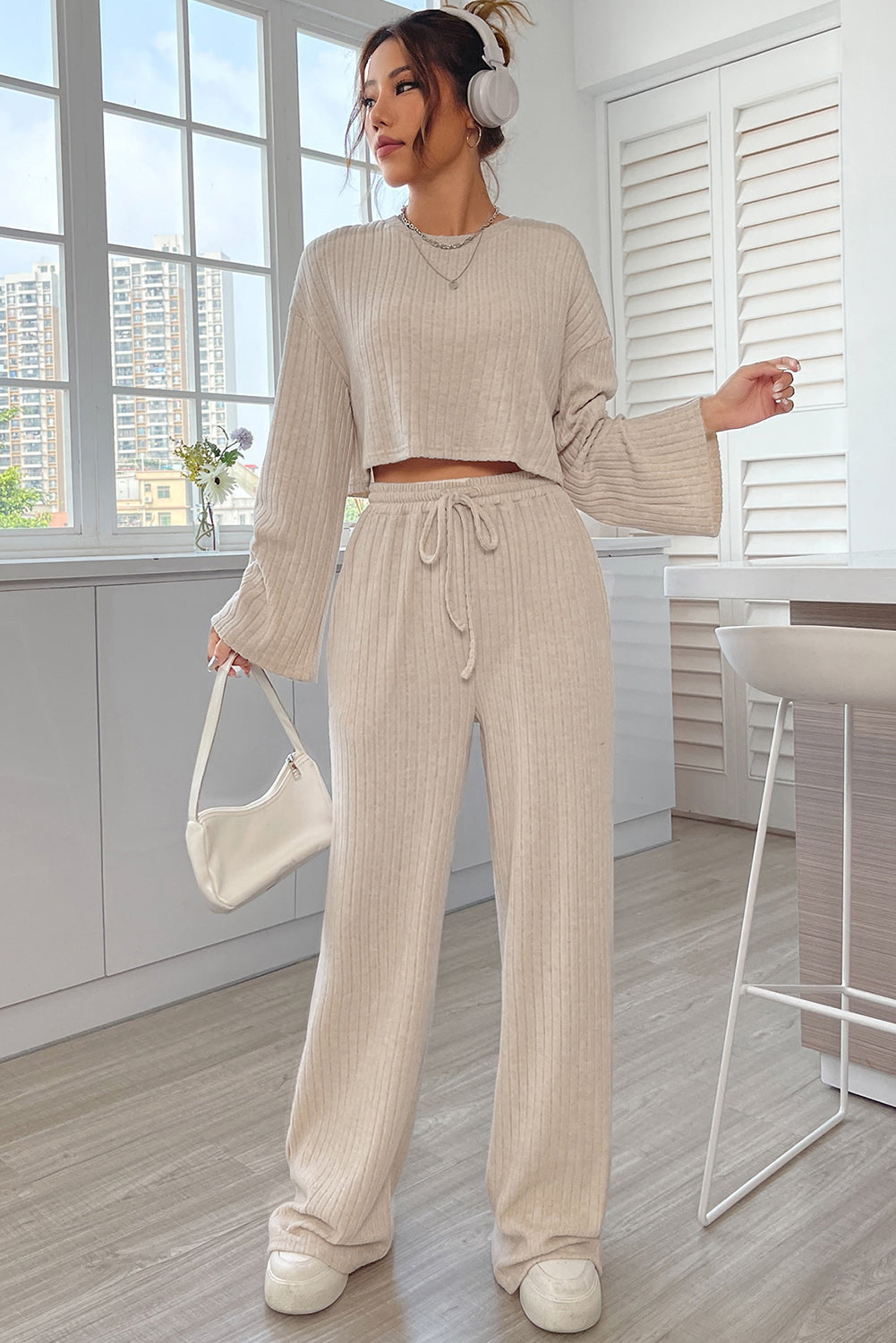 Khaki Ribbed Knit V Neck Slouchy Two-piece Outfit