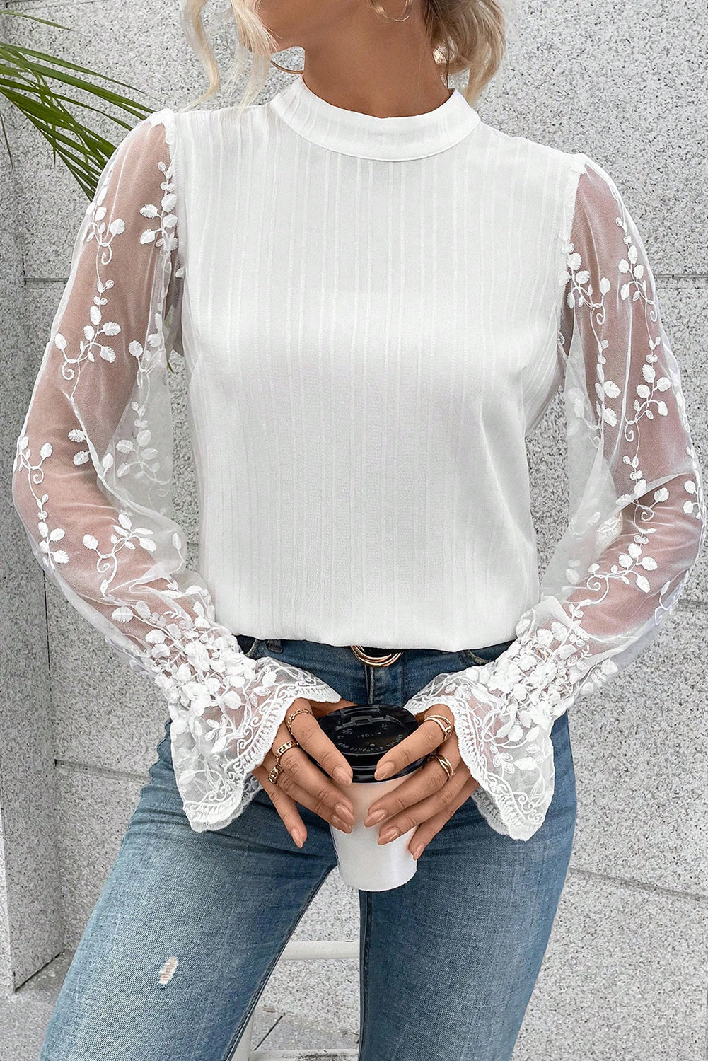 Contrast Lace Sleeve Mock Neck Textured Blouse