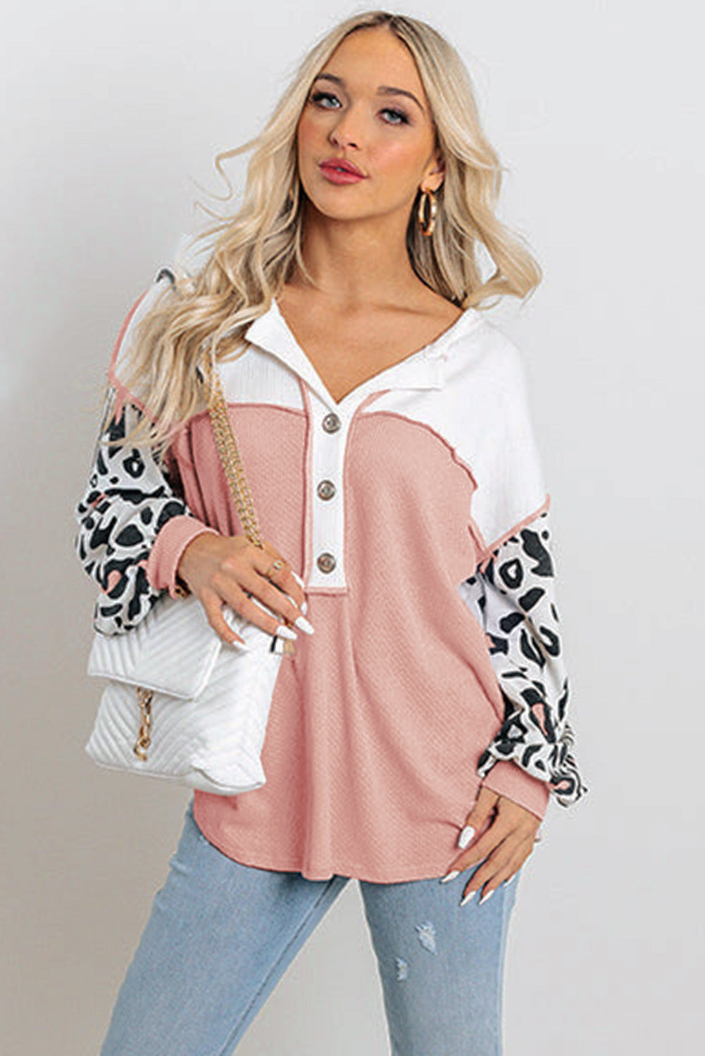 Bonbon Leopard Sleeve Patchwork Waffle Knit Top