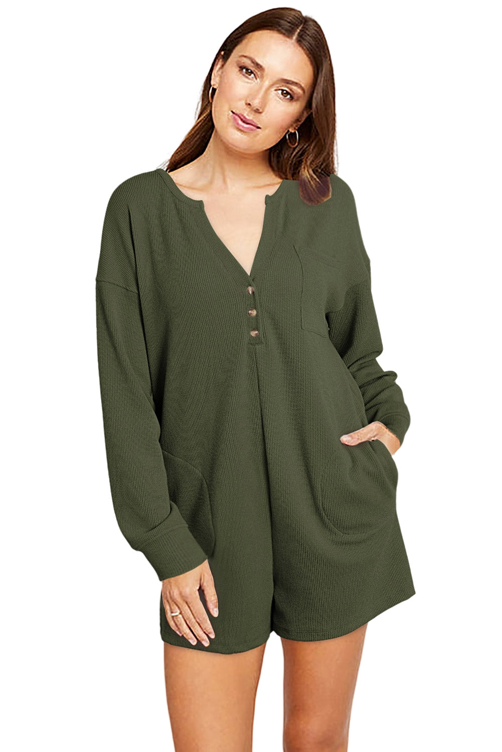 Dark Green Brushed Ribbed Button Split V Neck Long Sleeve Romper