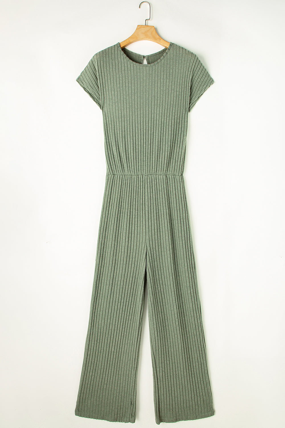 Parchment Solid Color Ribbed Short Sleeve Wide Leg Jumpsuit