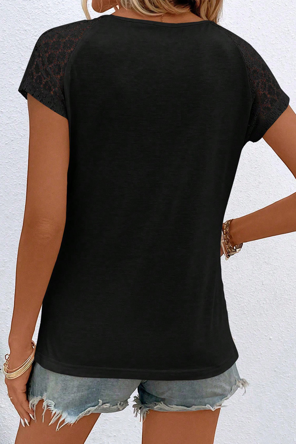 Lace Sleeve Keyhole Decor Top