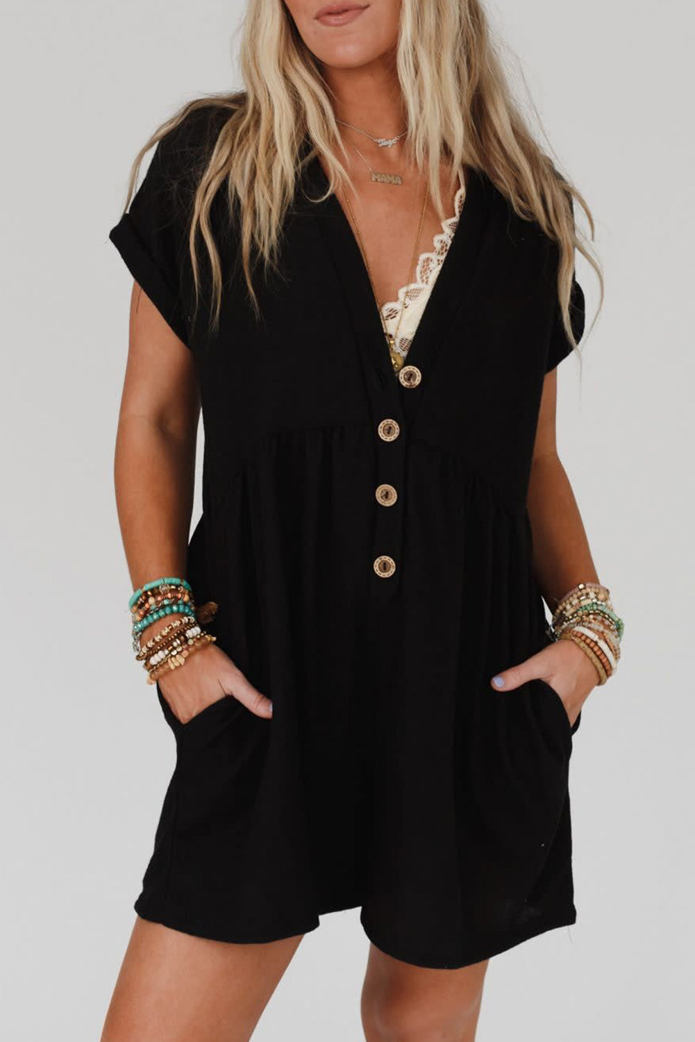 Black V Neck Buttons Loose Cuffed Short Sleeve Romper