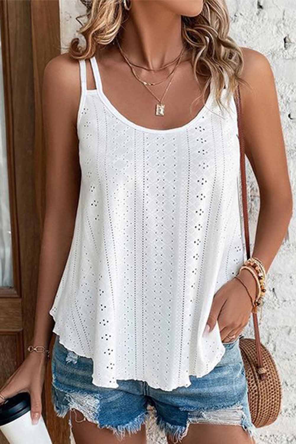 White Lace Crochet Splicing V Neck Loose Fit Tank Top