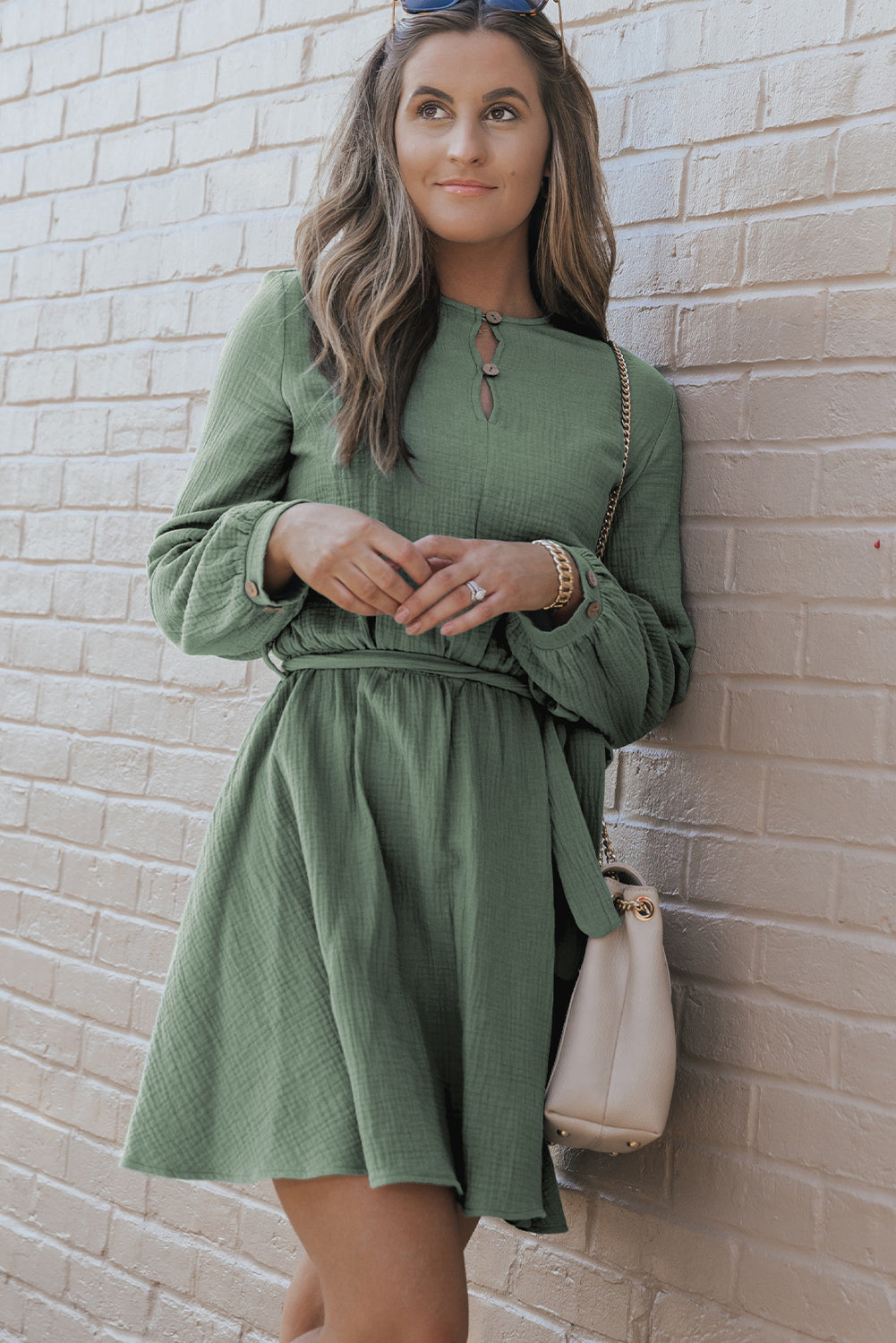 Jungle Green Button Neck Puff Sleeve Belted Pleated Mini Dress