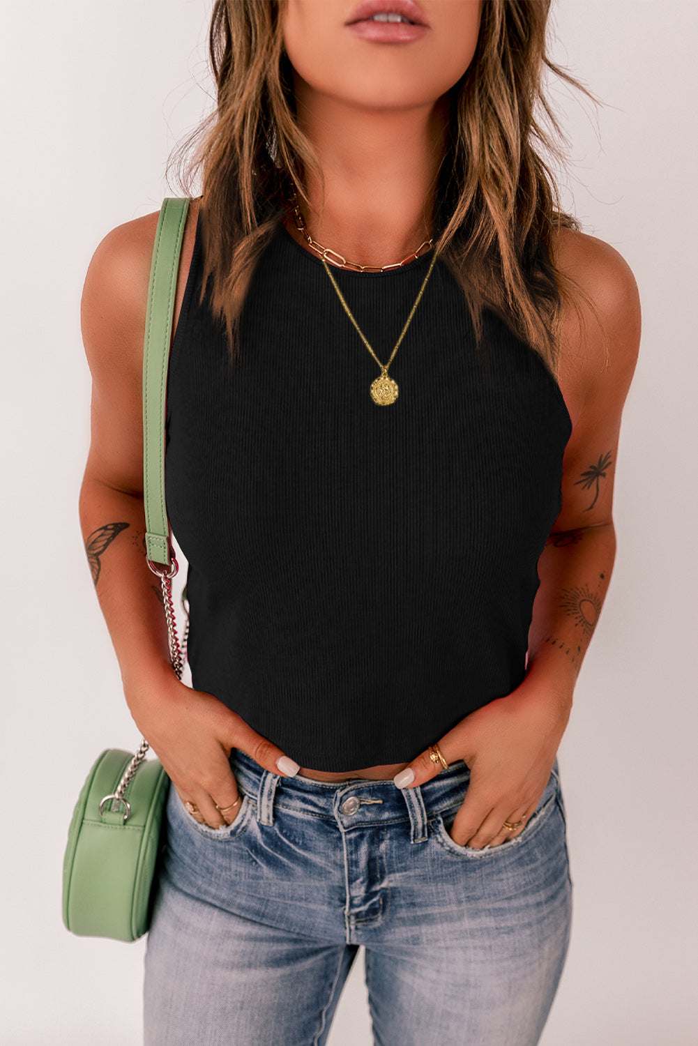 Rib Knit Crew Neck Sleeveless Crop Top