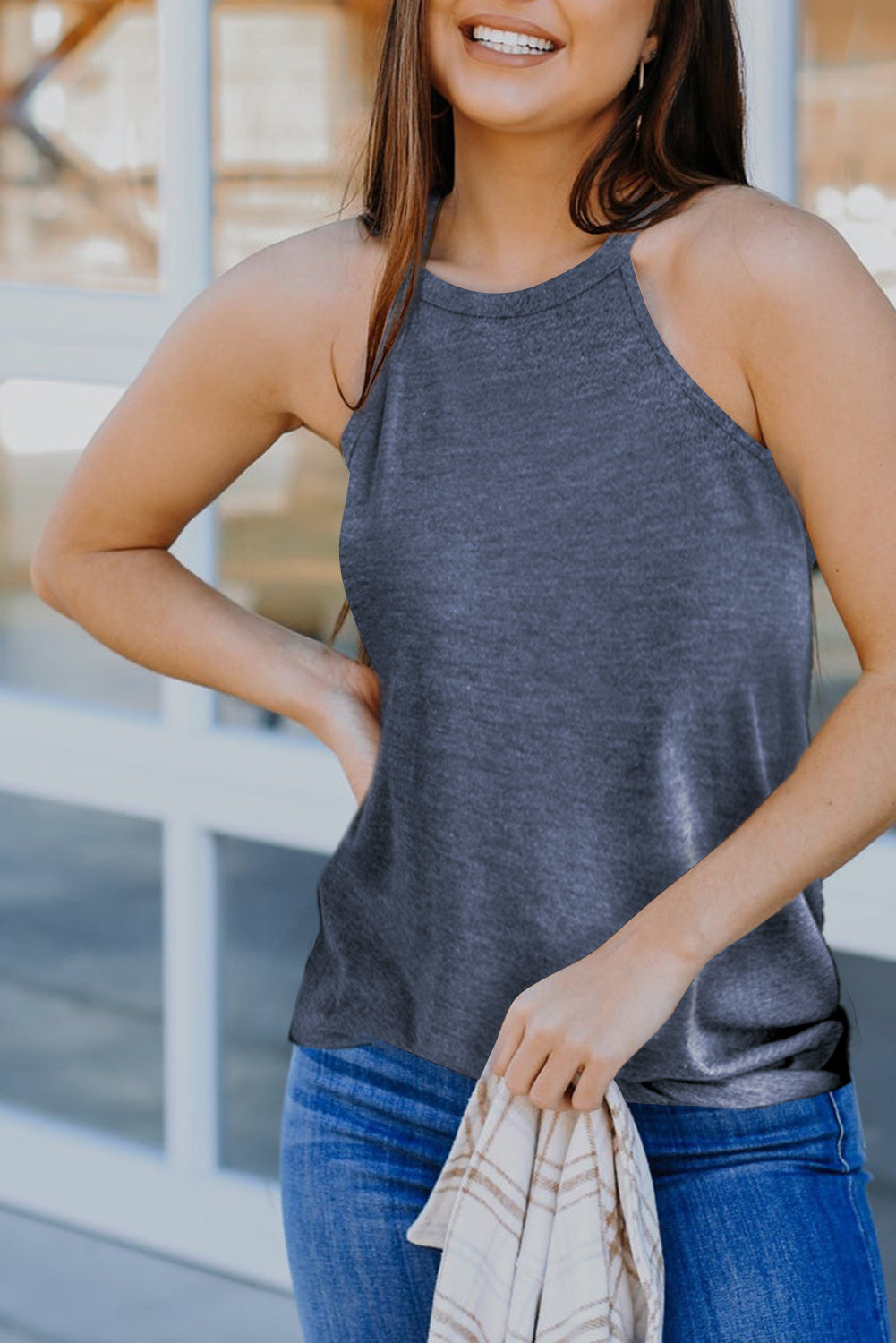 Pink Solid Color Crew Neck Tank Top