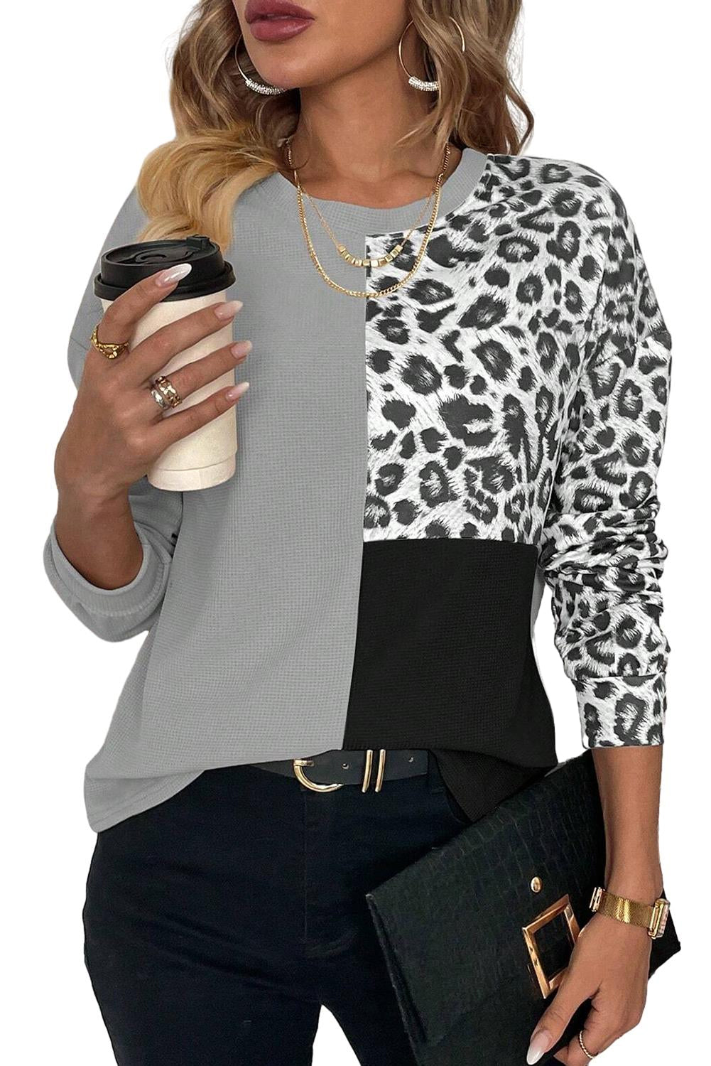 Light Grey Leopard Colorblock Waffle Knit Top