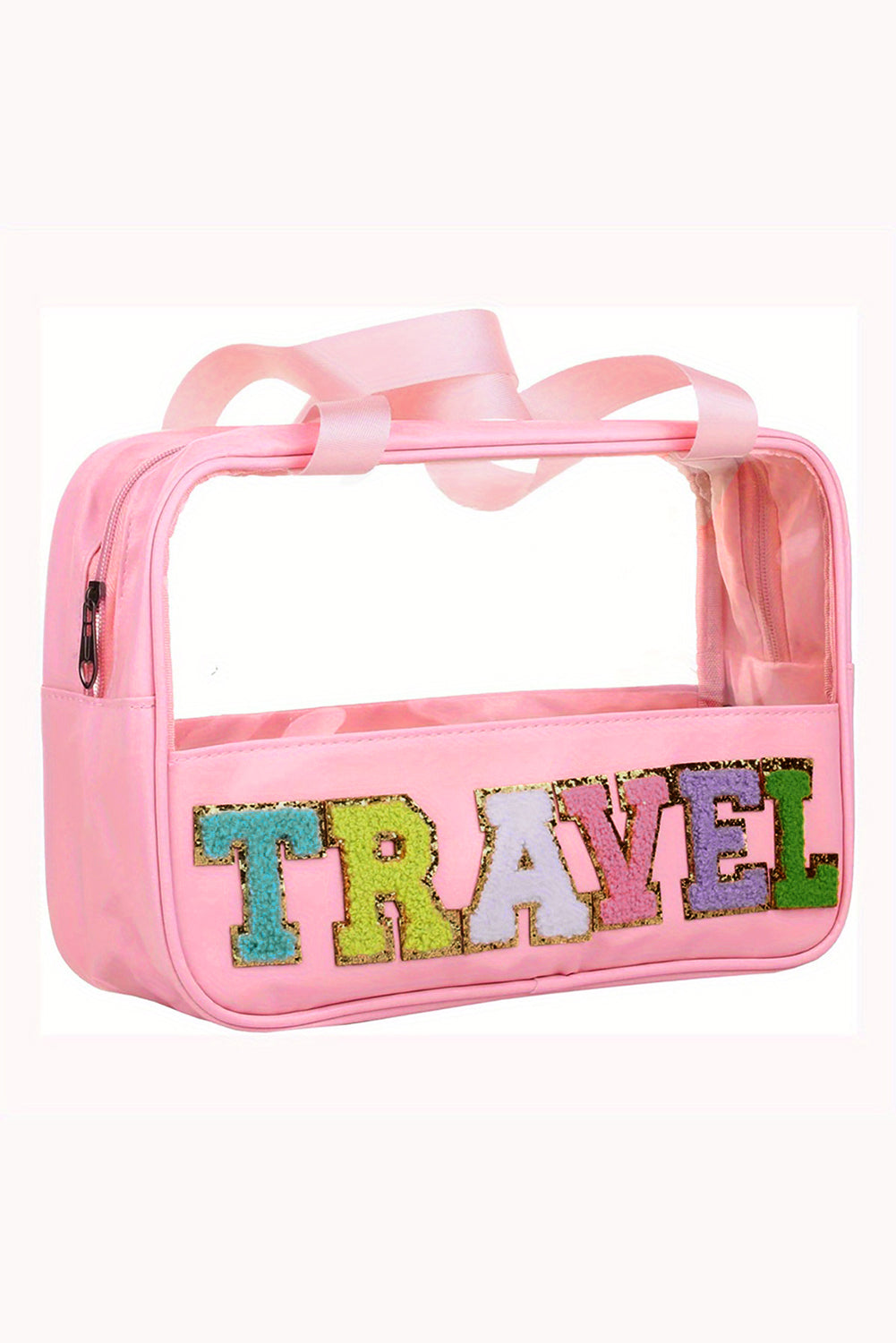 Light Pink TRAVEL Chenille Letter Clear PVC Makeup Bag