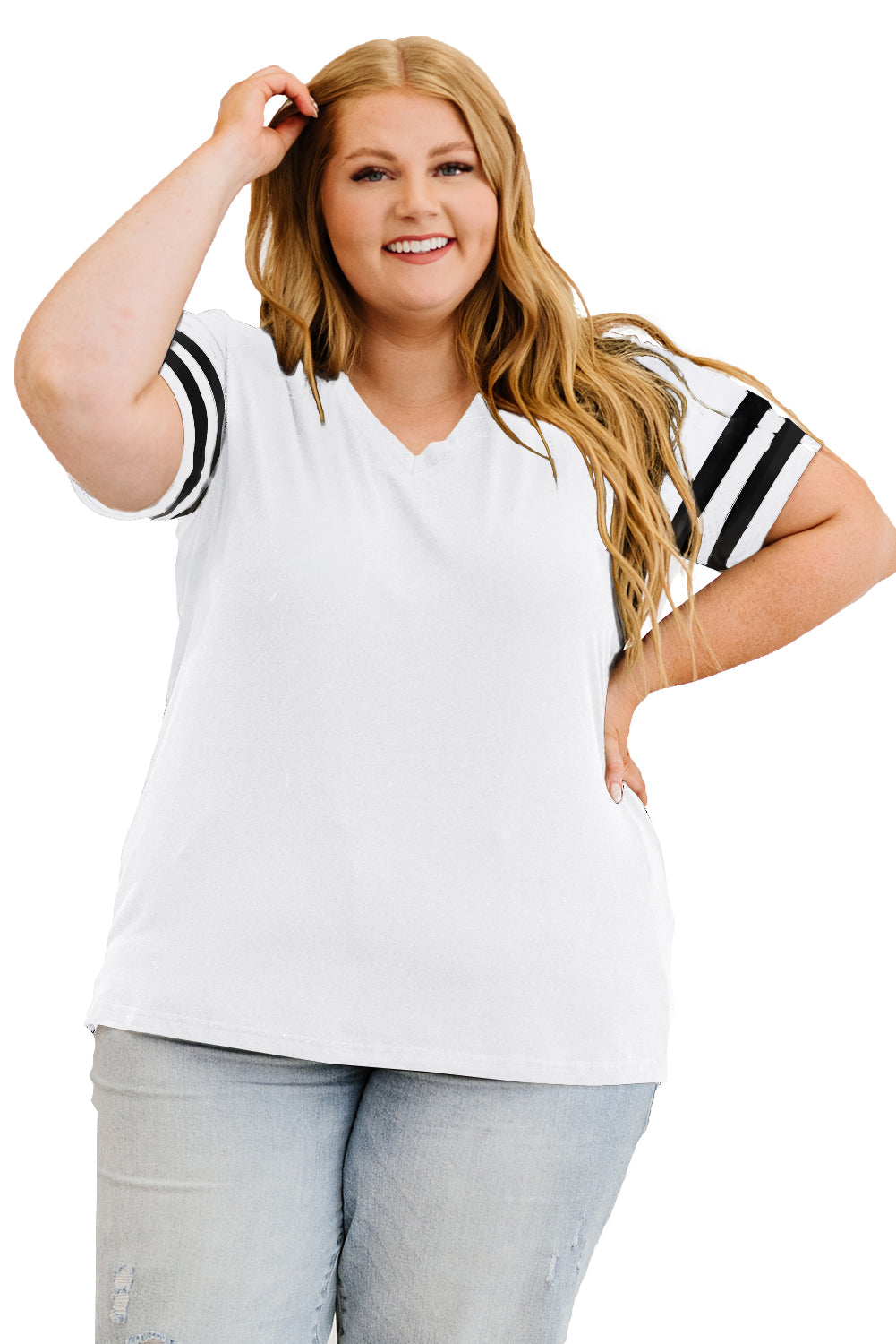 Plus Size Stripes Stitching Sleeve V Neck T-shirt