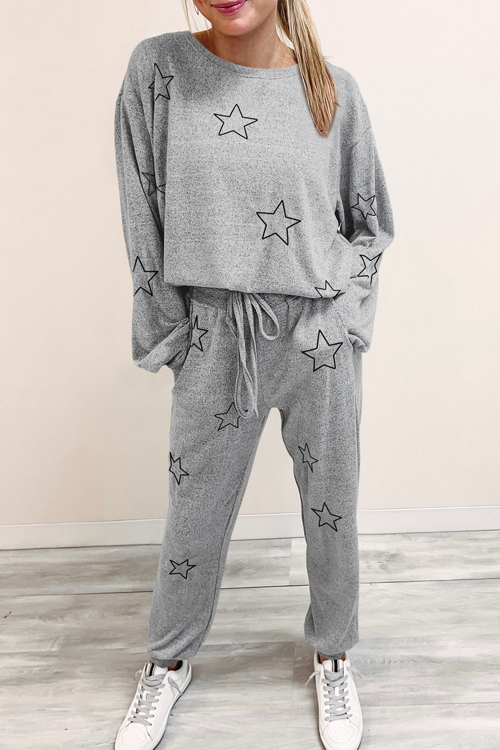 Black Stars Print Long Sleeve Drawstring High Waist Lounge Set