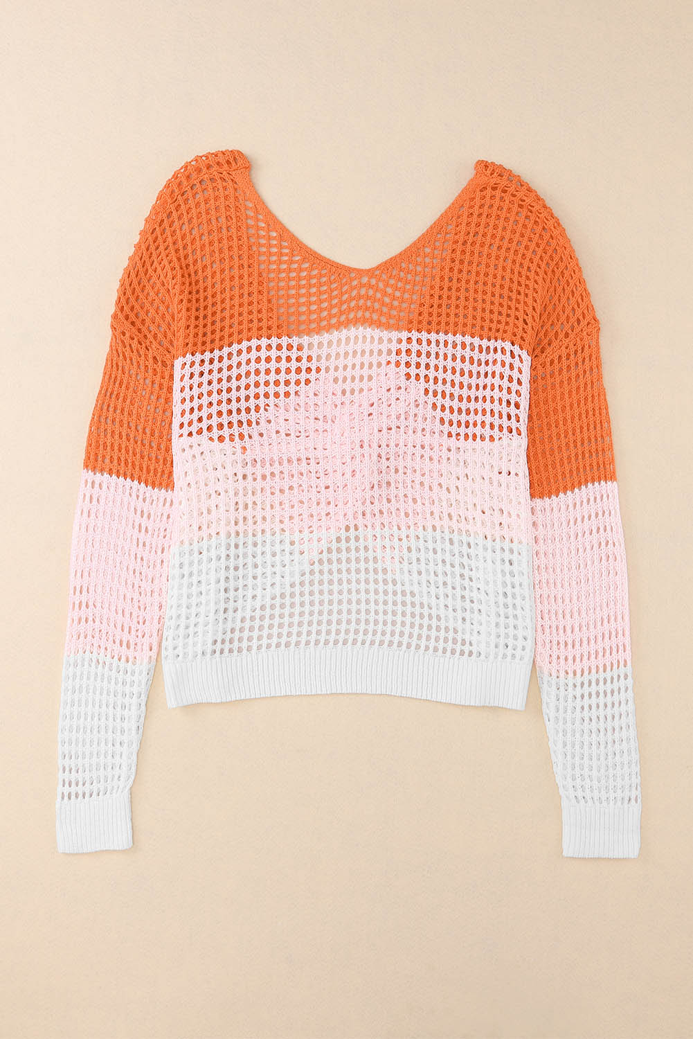 Color Block Eyelet Long Sleeve Twisted Back Knit Top