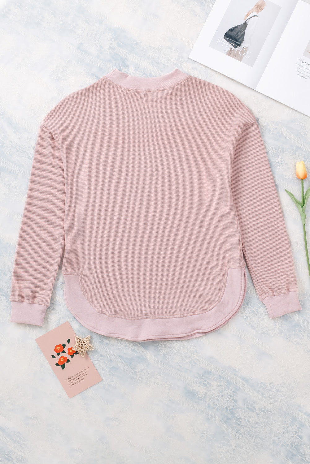 Apricot Crew Neck Ribbed Trim Waffle Knit Top