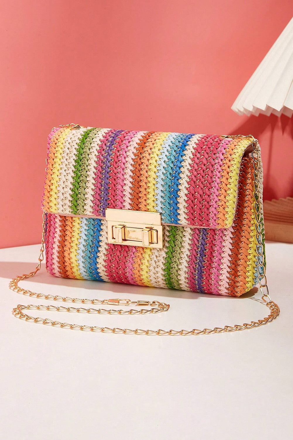 Strawberry Pink Bohemian Woven Gold Chain Shoulder Bag