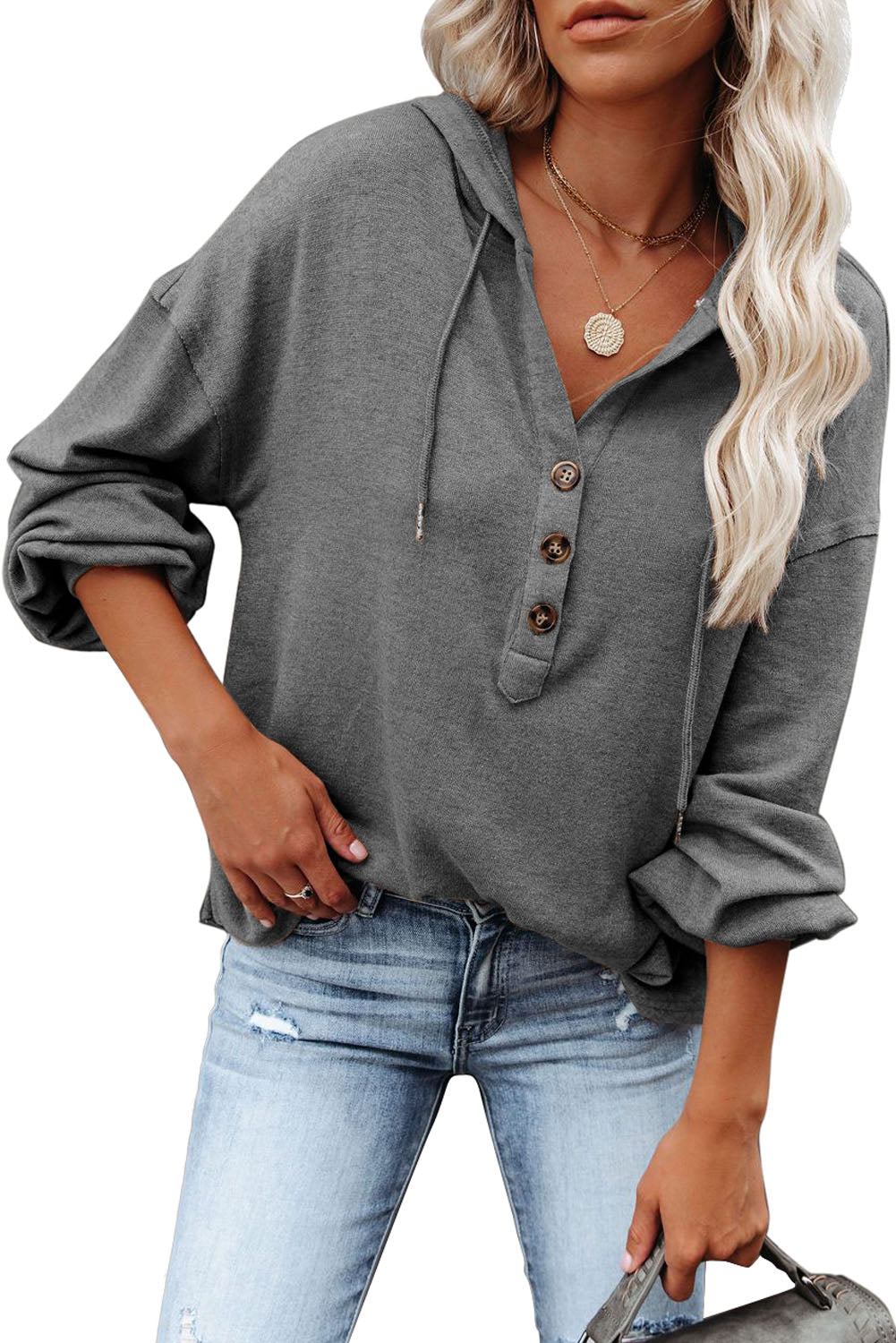 White Buttoned High and Low Hem Hoodie