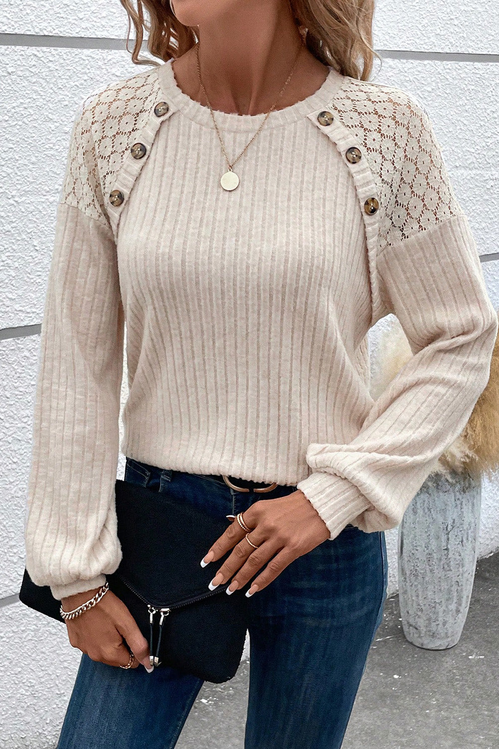 Parchment Contrast Lace Raglan Sleeve Buttoned Ribbed Top