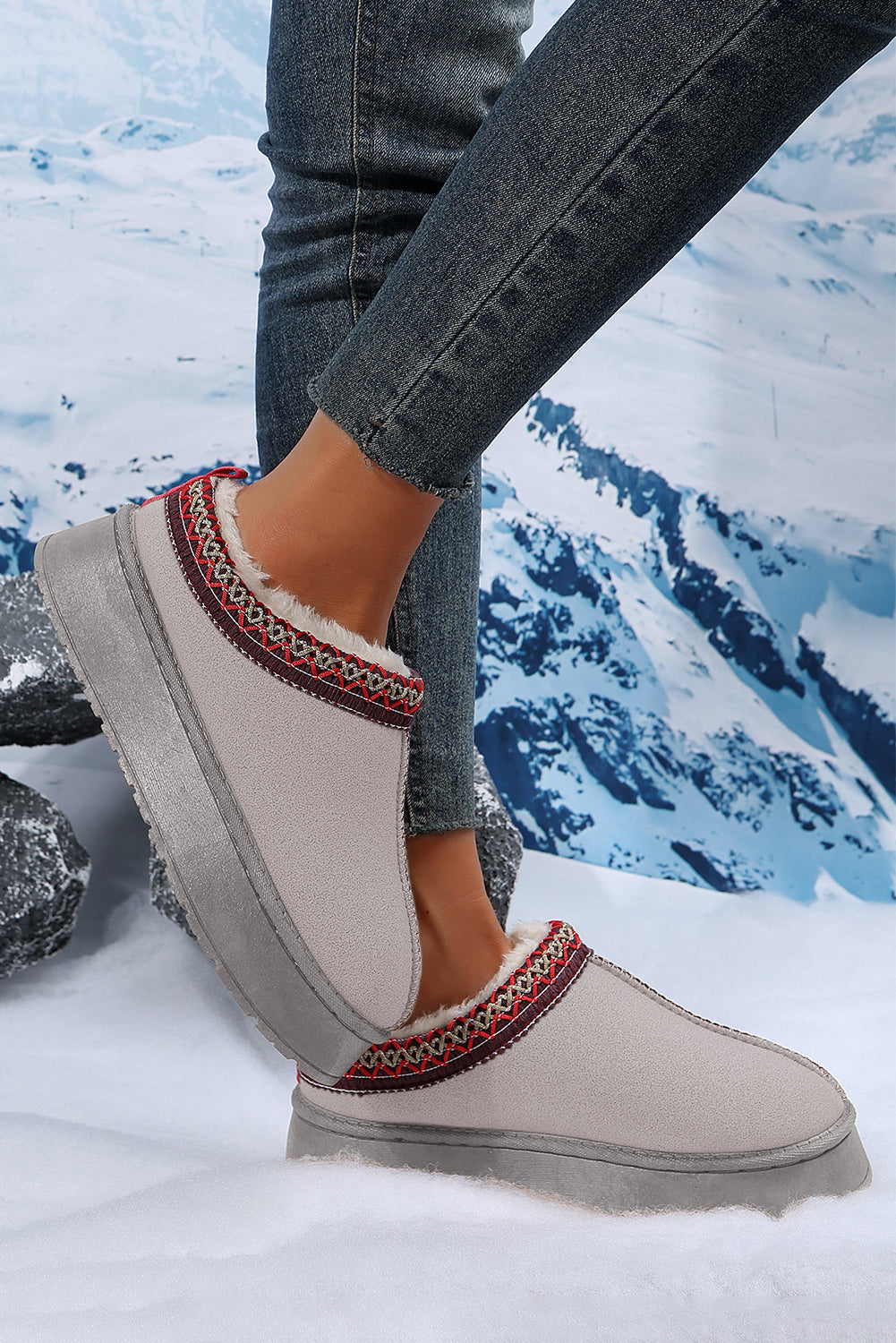 Suede Contrast Print Plush Lined Snow Boots