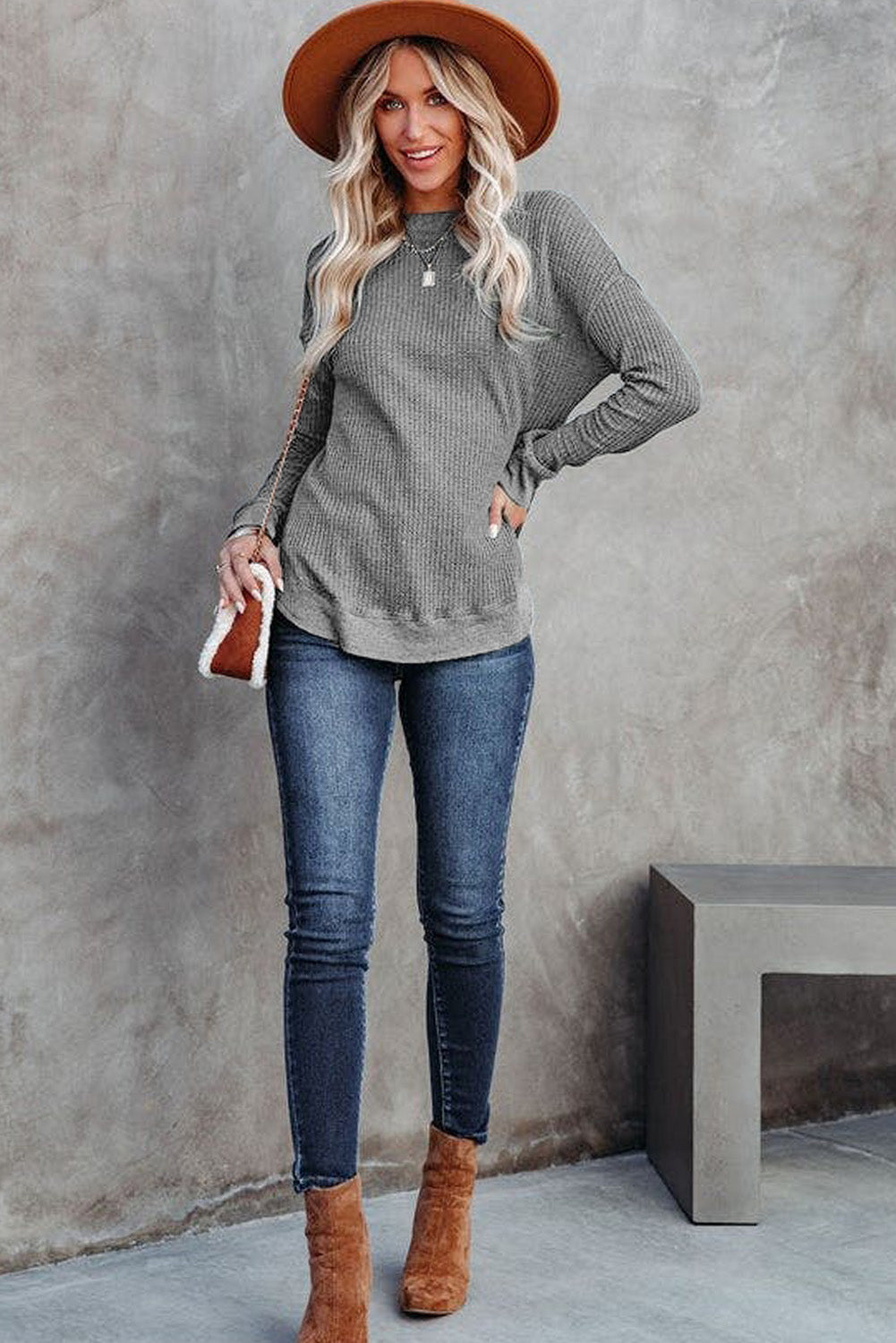 Apricot Crew Neck Ribbed Trim Waffle Knit Top