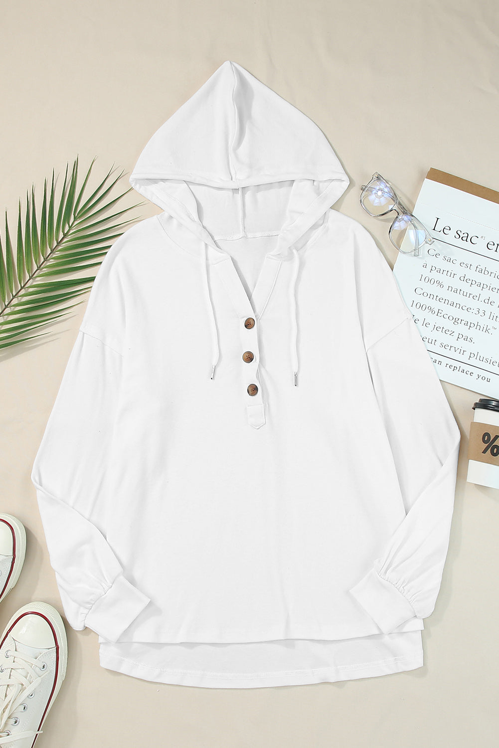 White Buttoned High and Low Hem Hoodie