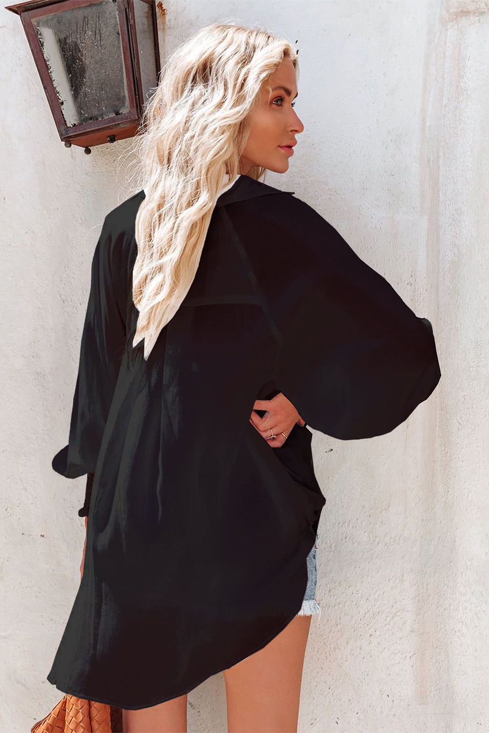 Shirred Cuffs Bubble Sleeve Oversized Shirt