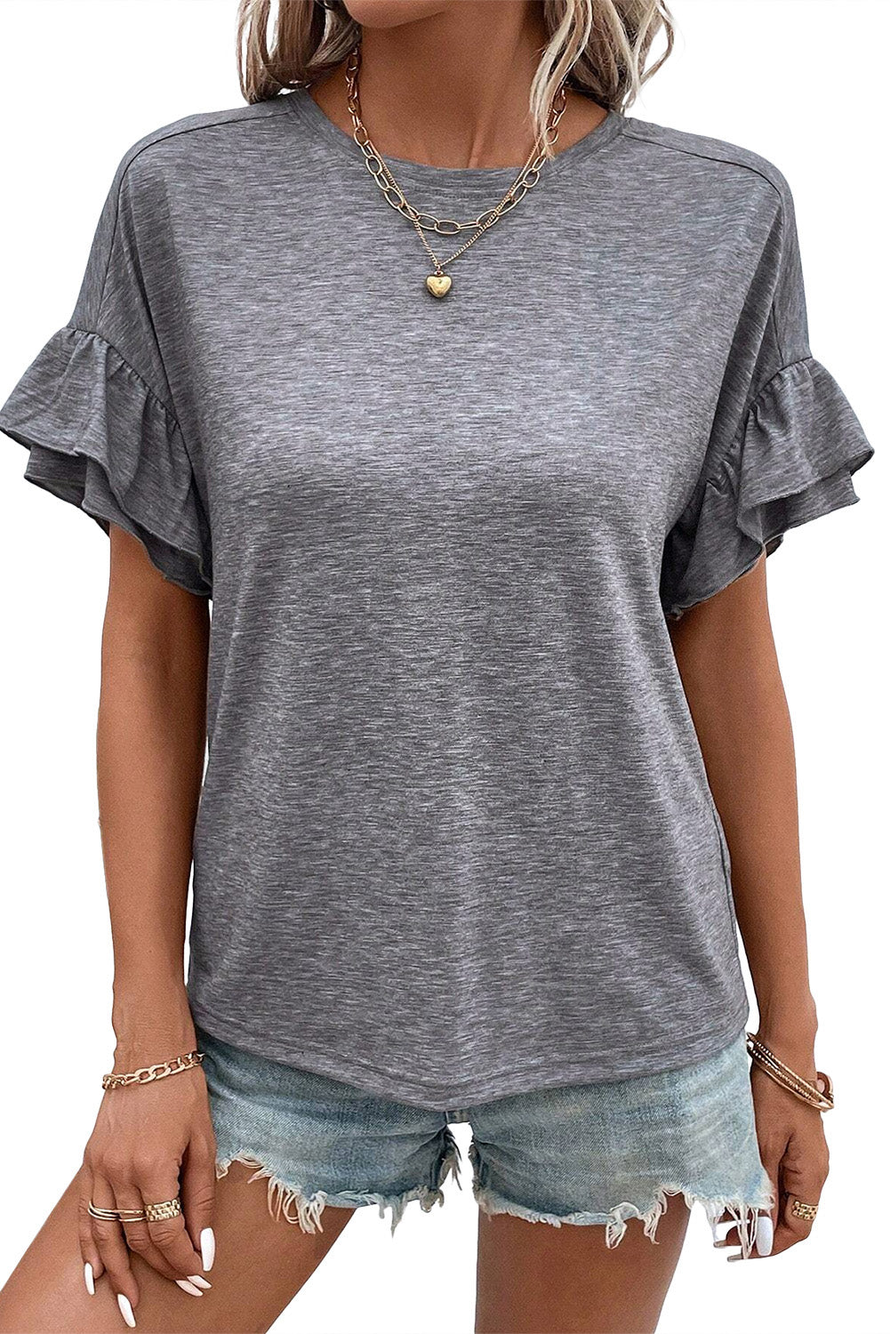 Grey Tiered Ruffle Sleeve Crew Neck Drop Shoulder Top