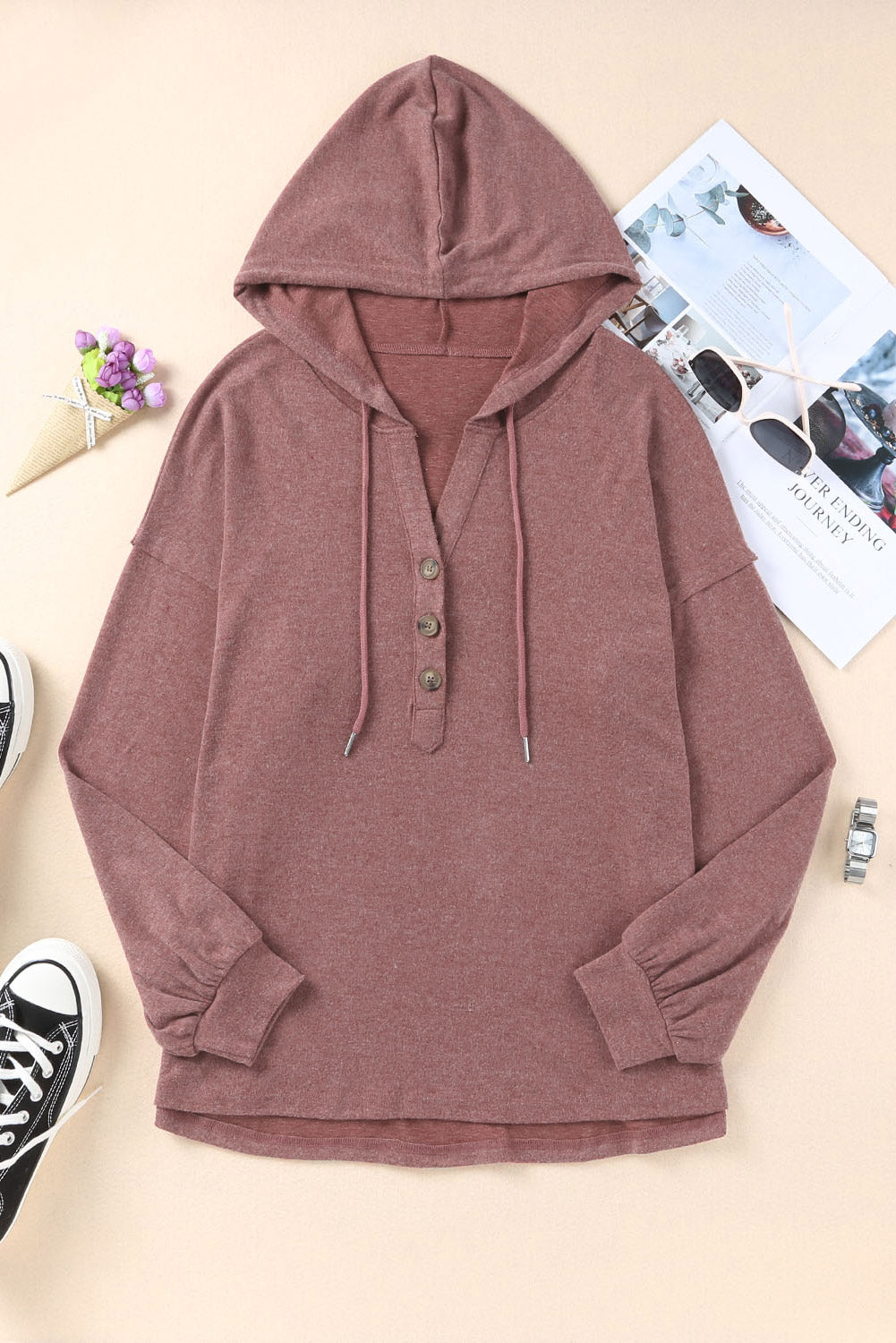 White Buttoned High and Low Hem Hoodie