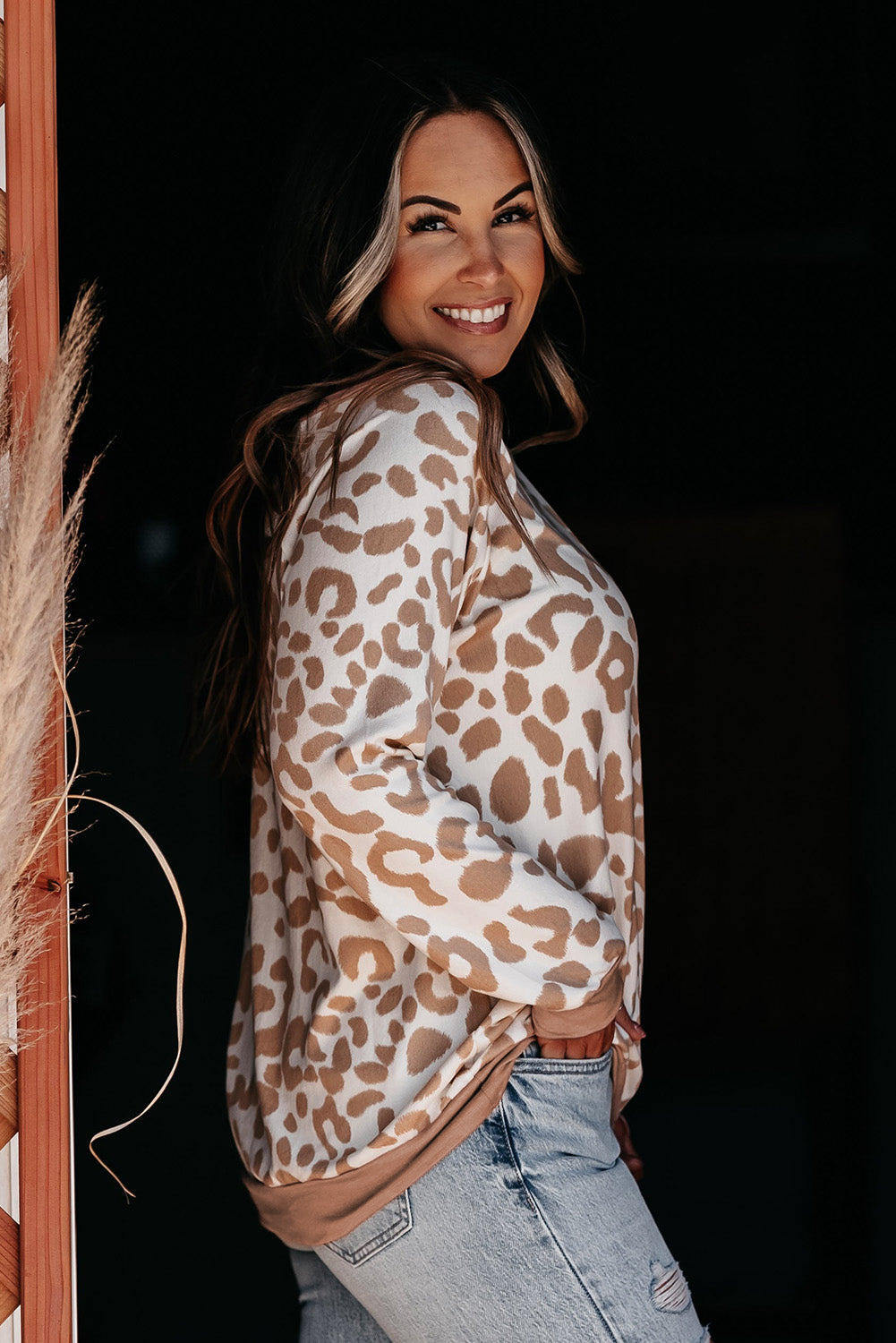 Khaki Printed Plus Size Leopard Print Boat Neck Long Sleeve Top