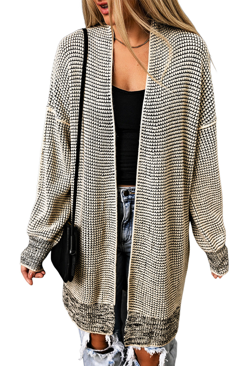 Plaid Knitted Long Open Front Cardigan