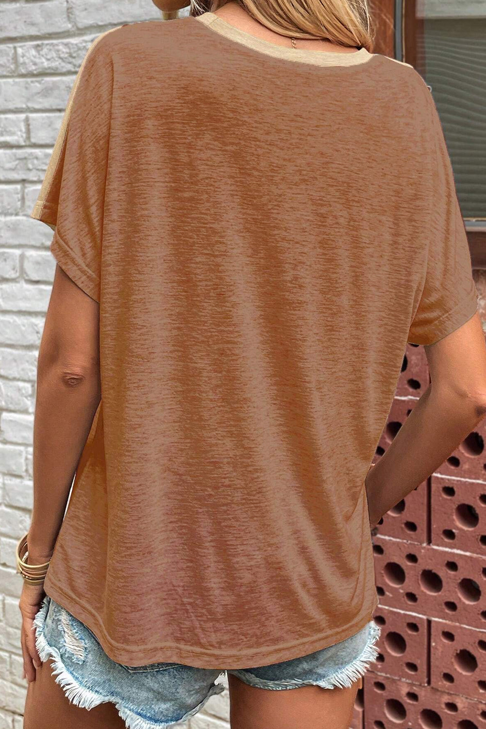 Brown Asymmetric Cut out Colorblock T Shirt