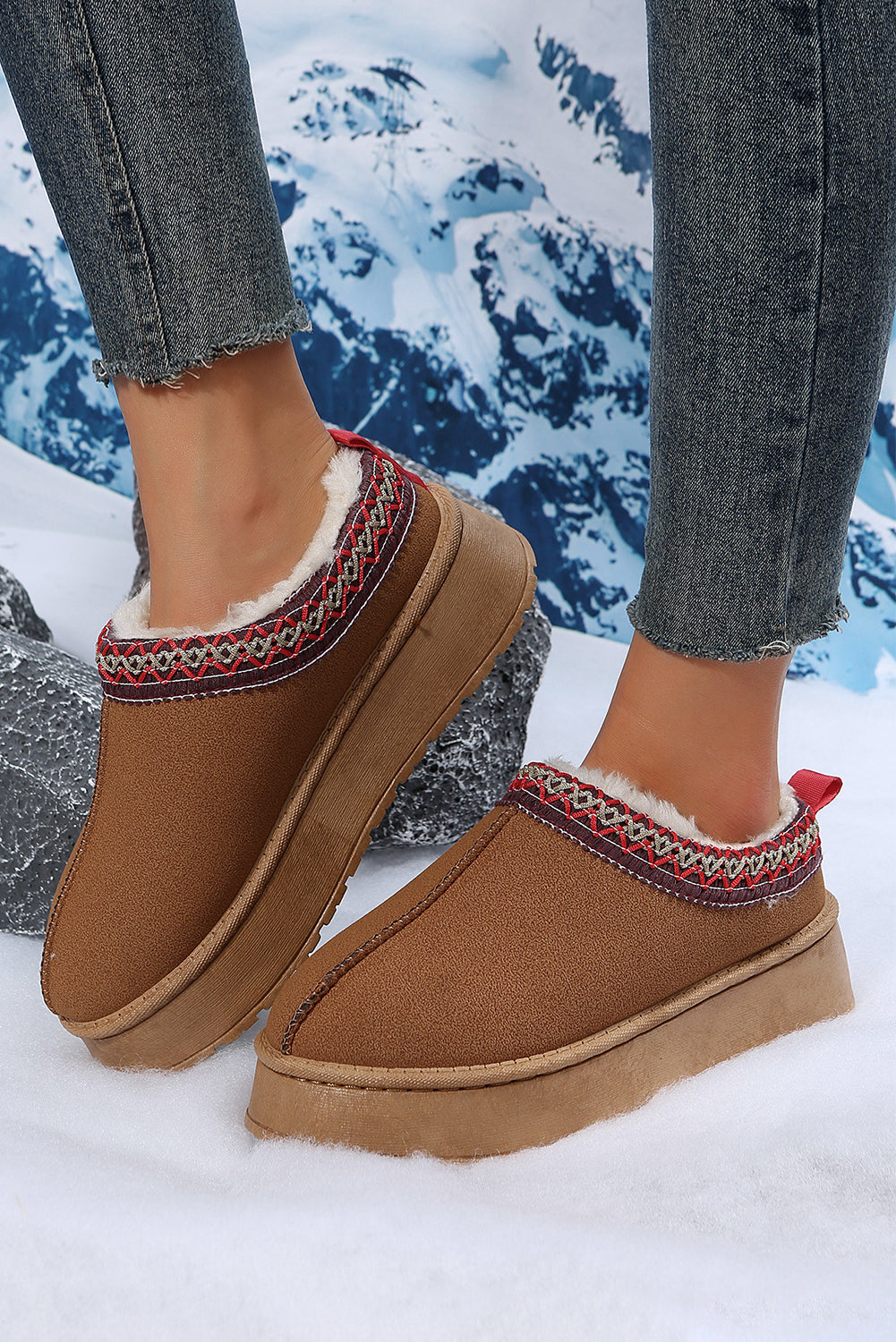 Suede Contrast Print Plush Lined Snow Boots