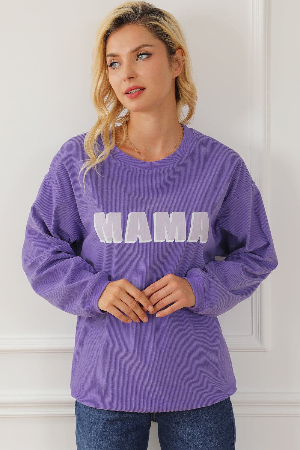 Purple MAMA Ribbed Crew Neck Pullover Sweatshirt