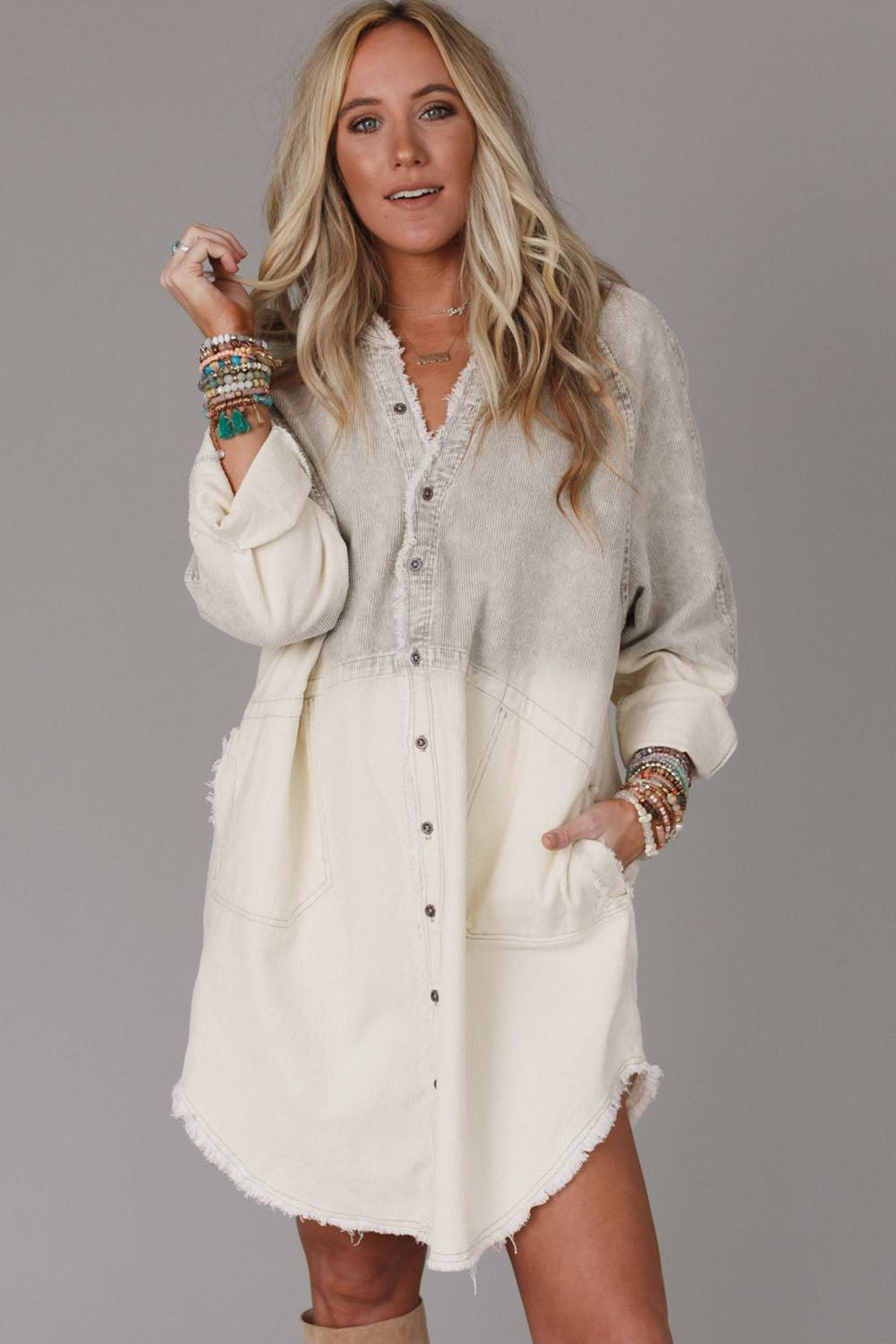 Gray Gradient Long Sleeve Button Up Raw Hem Denim Dress