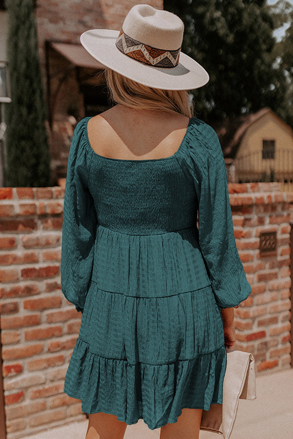 Bishop Sleeve Smocked Tiered Mini Dress