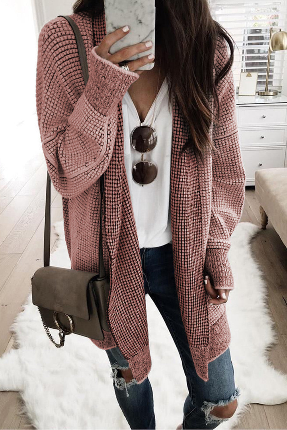 Plaid Knitted Long Open Front Cardigan