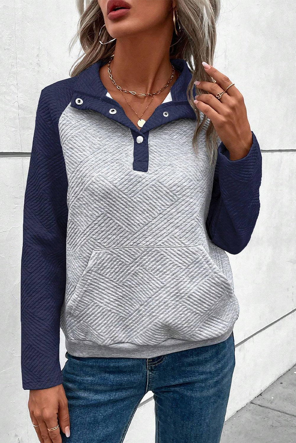 Textured Knit Buttoned Kangaroo Pocket Sweatshirt