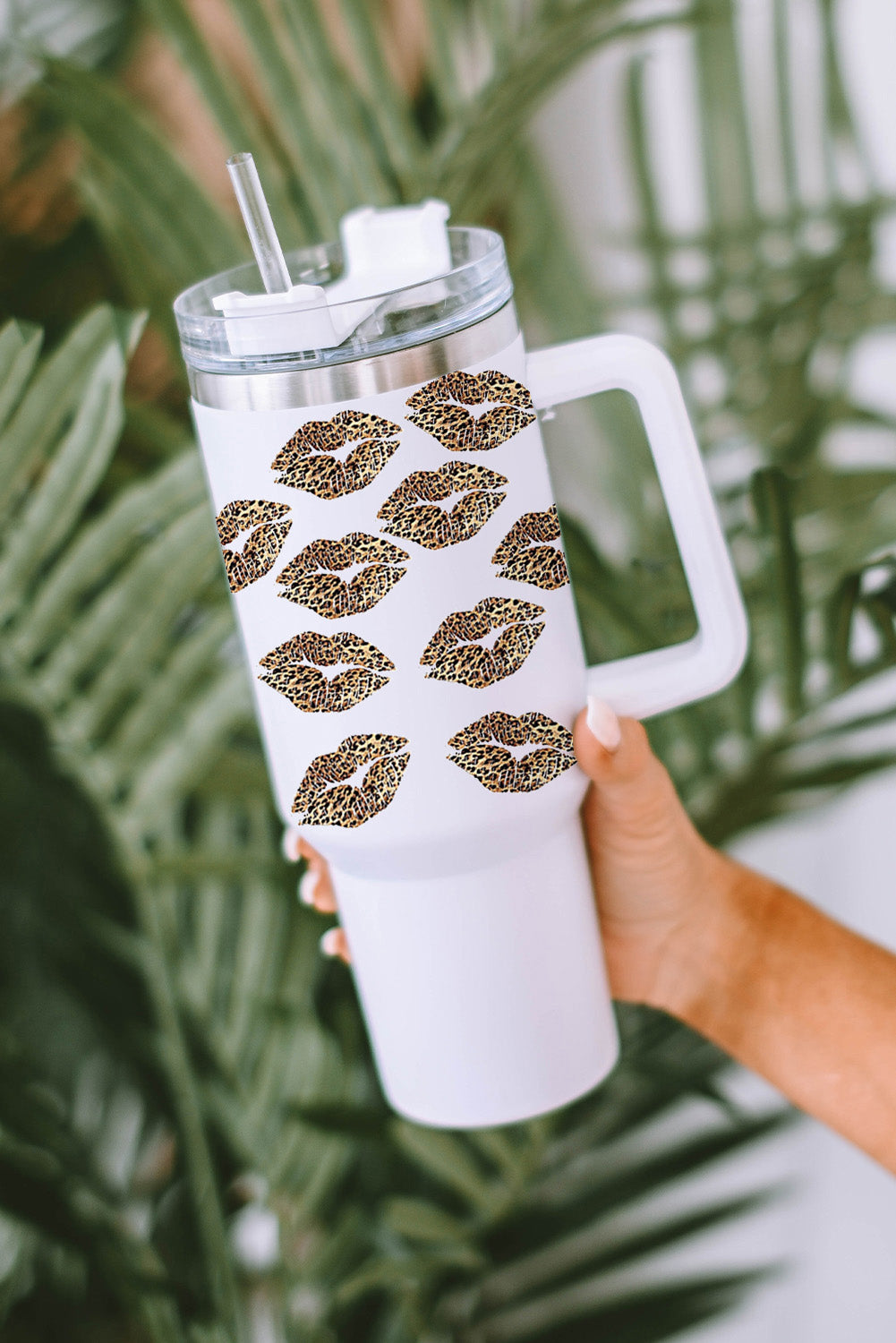 White Valentine Leopard Lips Print Thermos Cuo with Straw 1200ml