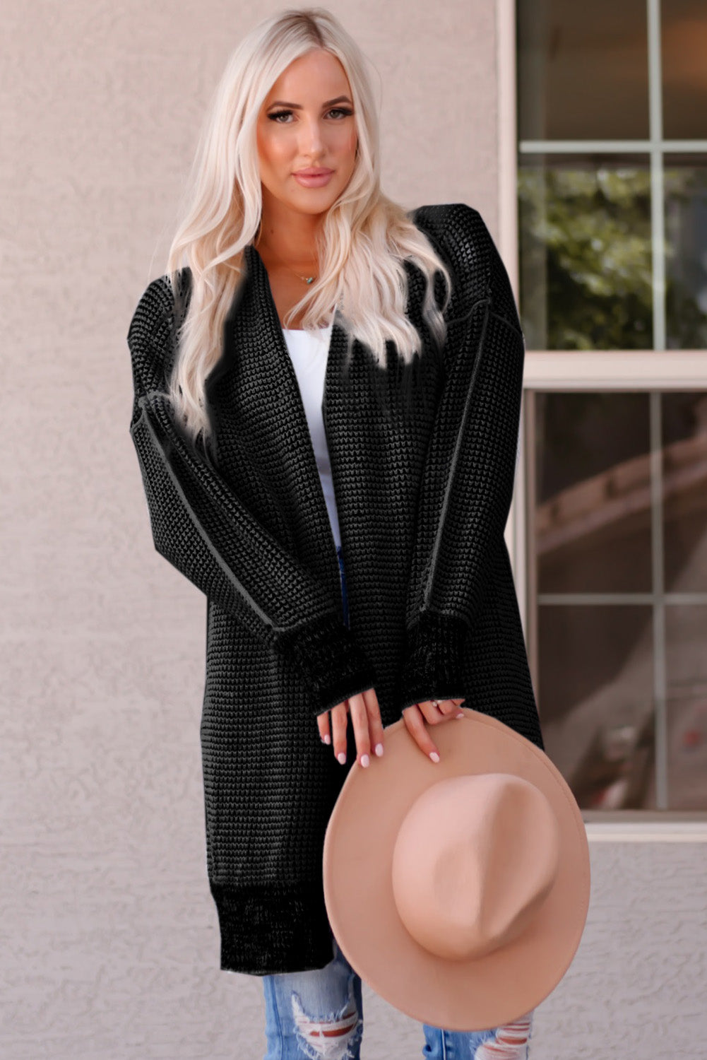 Plaid Knitted Long Open Front Cardigan