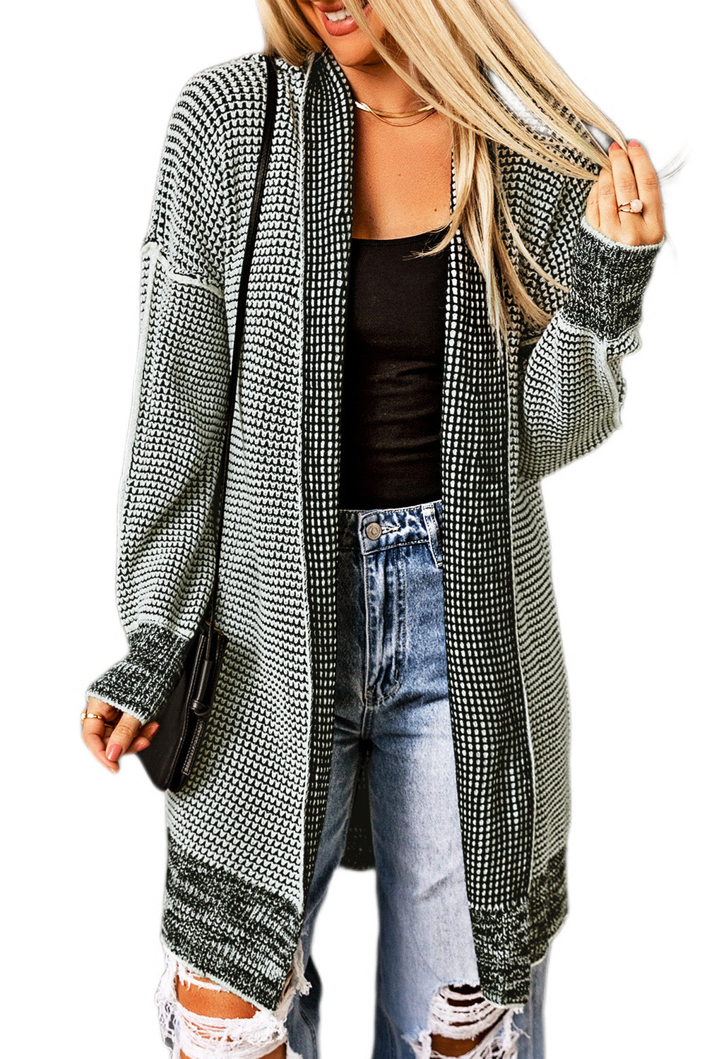 Plaid Knitted Long Open Front Cardigan